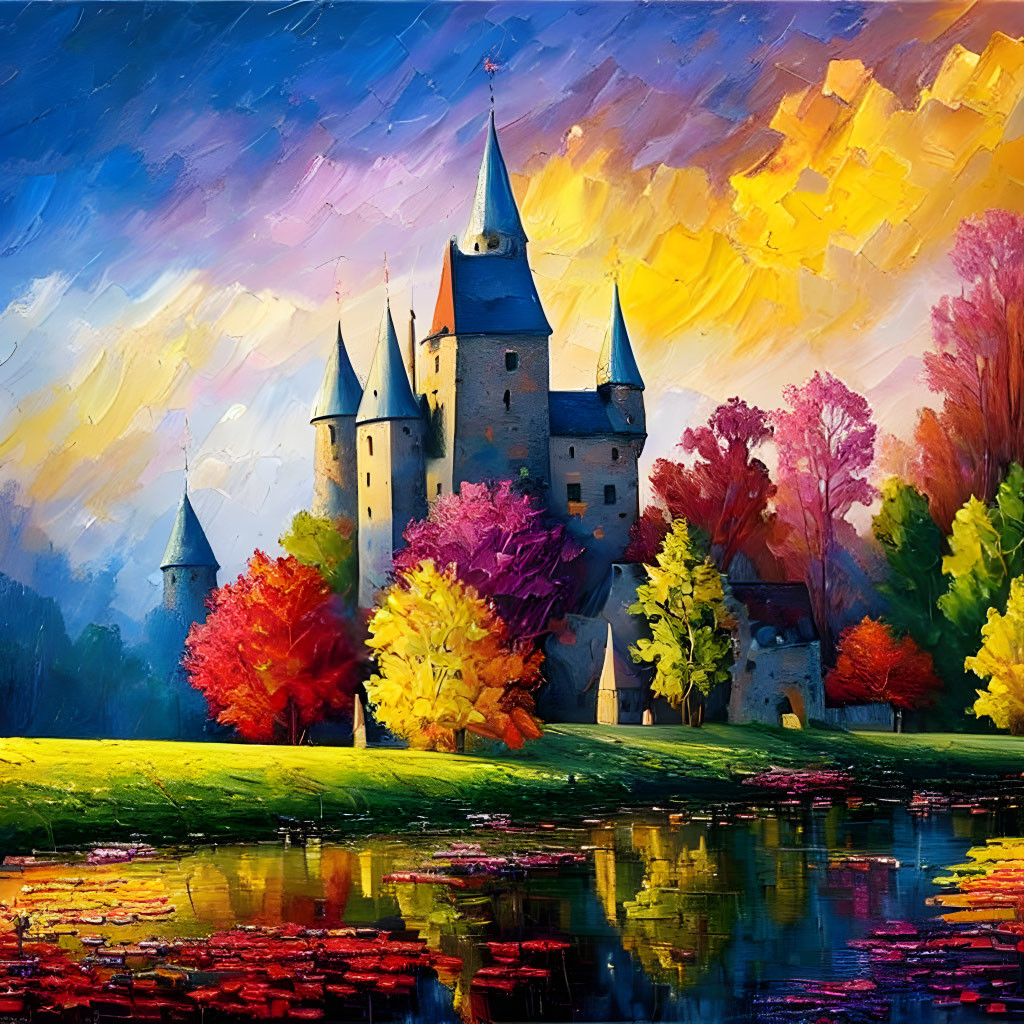 Vibrant painting of castle in autumn landscape by tranquil lake