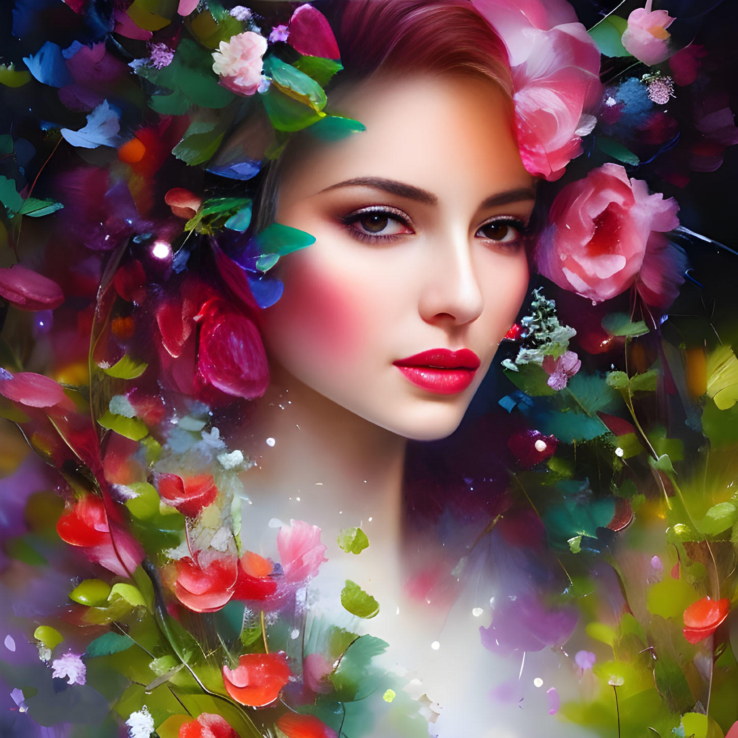 Colorful Floral Surrounding Woman in Artistic Portrait