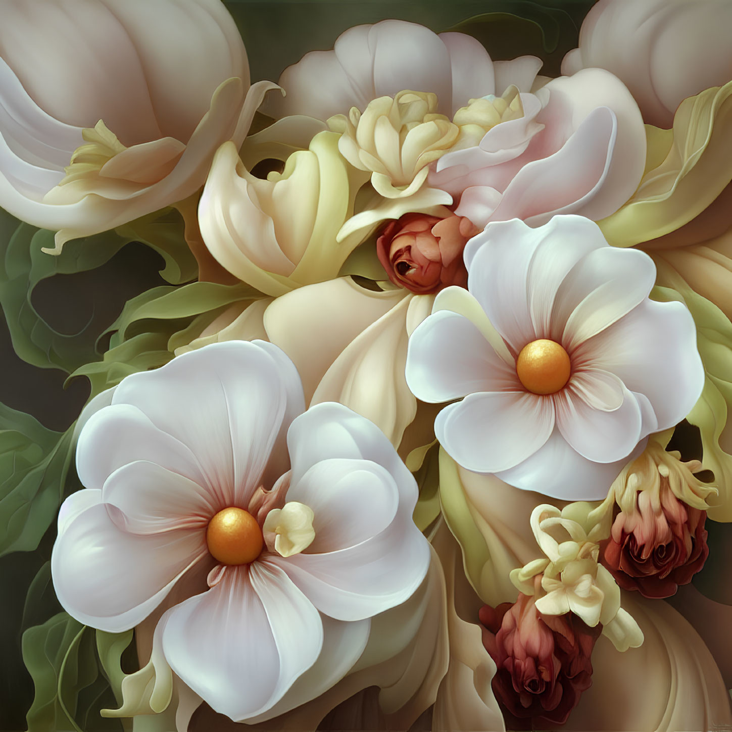 Detailed Illustration of White and Cream Flowers with Lush Green Foliage