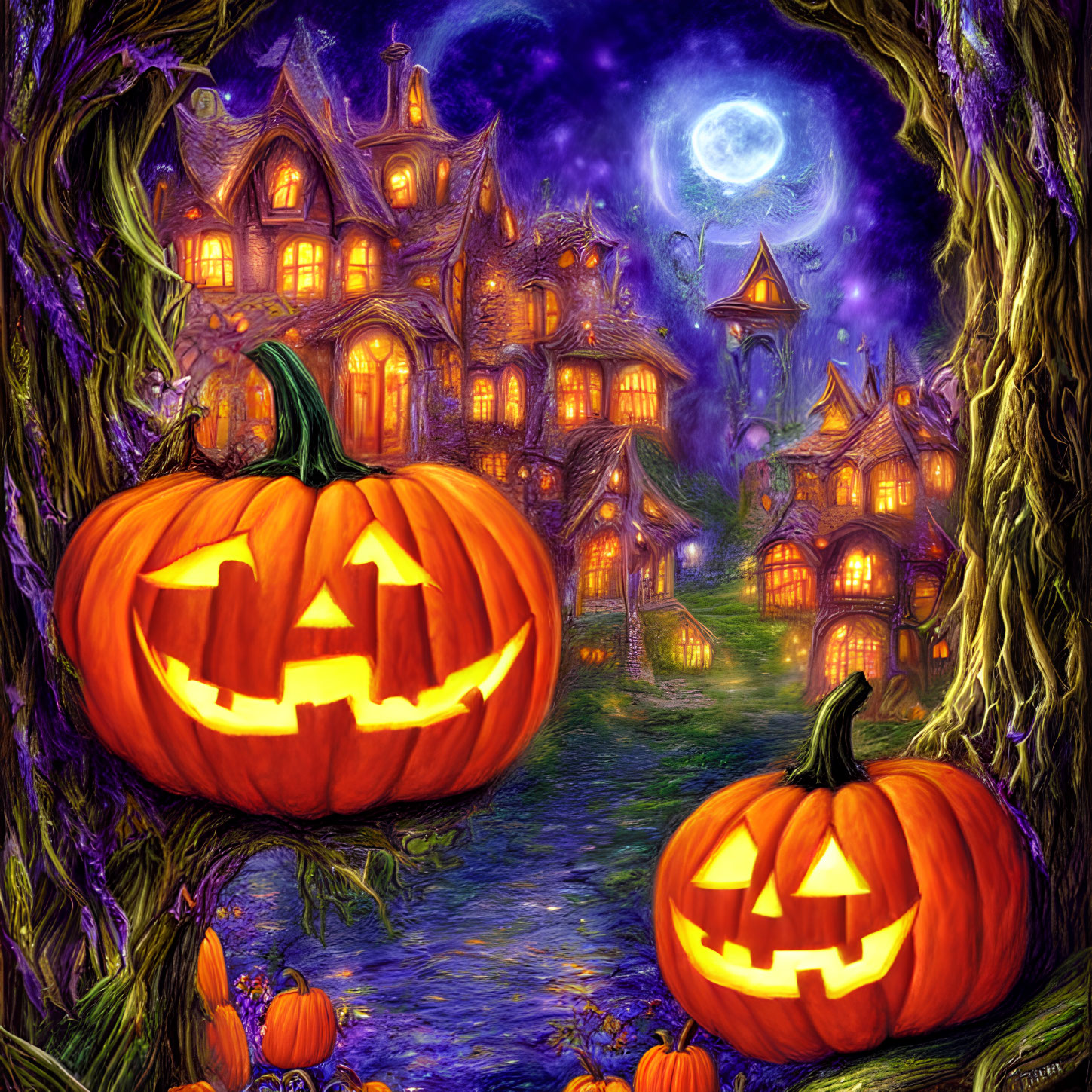 Vibrant Halloween scene with carved pumpkins, spooky houses, and twisted trees under a full moon