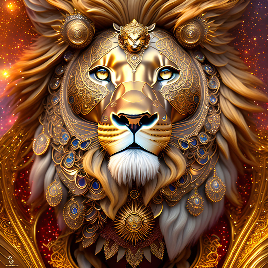 Majestic lion artwork with golden ornate patterns and jewelry
