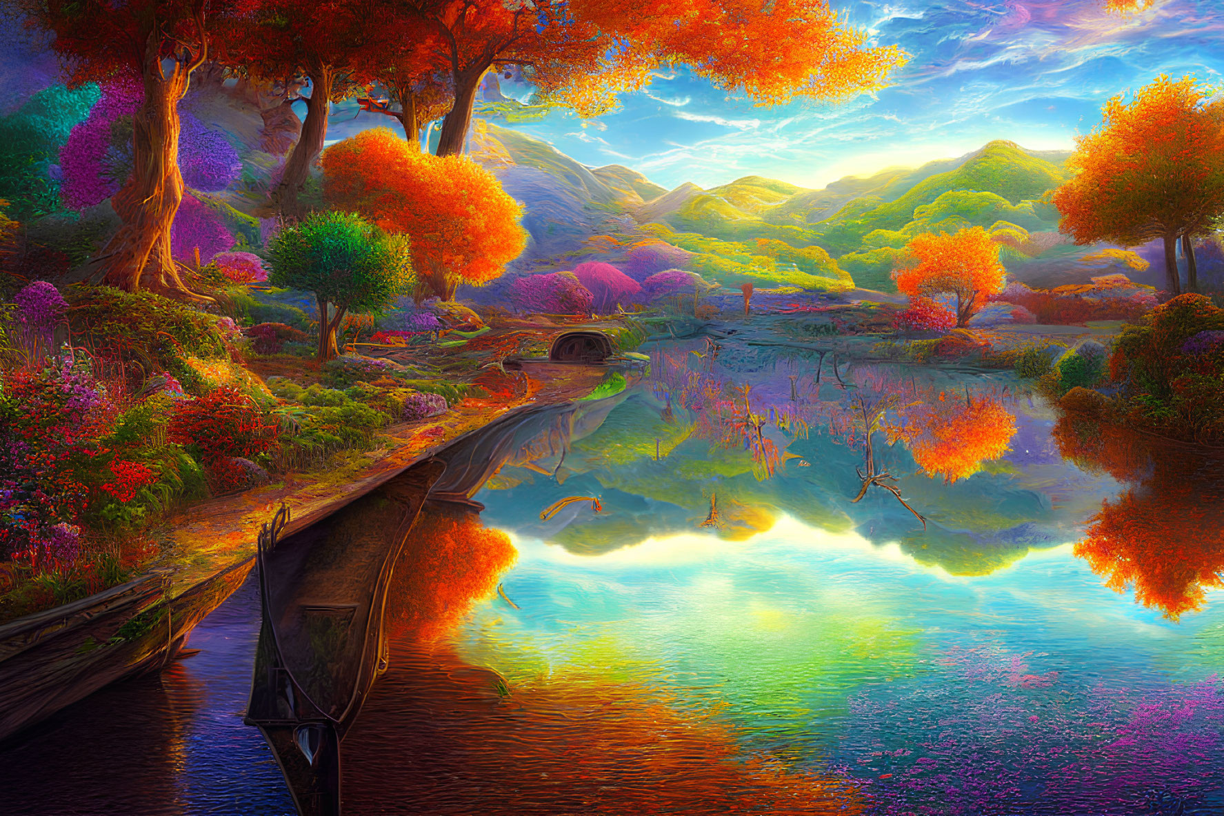 Colorful Autumn Landscape with Lake, Boat, and Stone Bridge