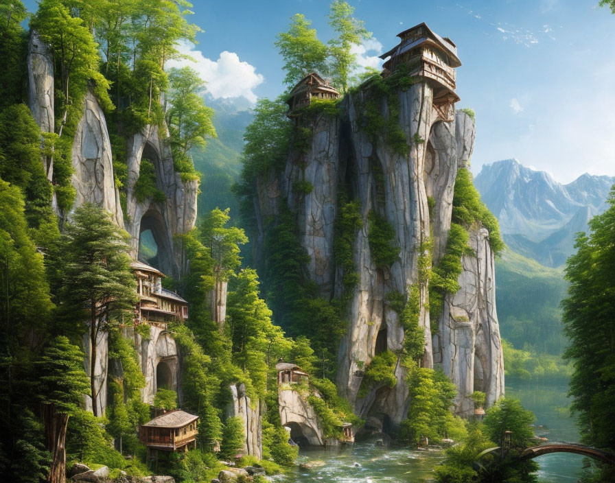 Scenic wooden houses on tall rock formations with river and stone bridge.