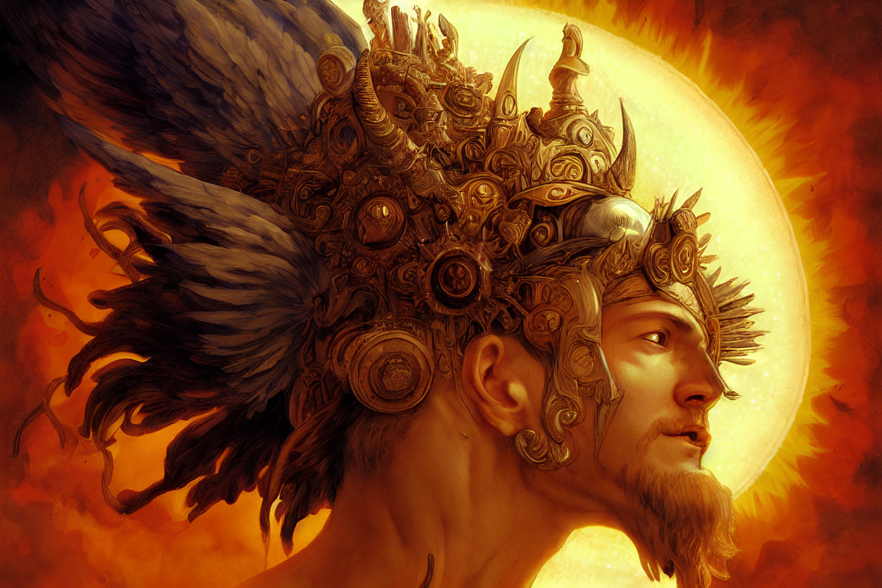 Figure with ornate helmet against fiery backdrop resembling blazing sun
