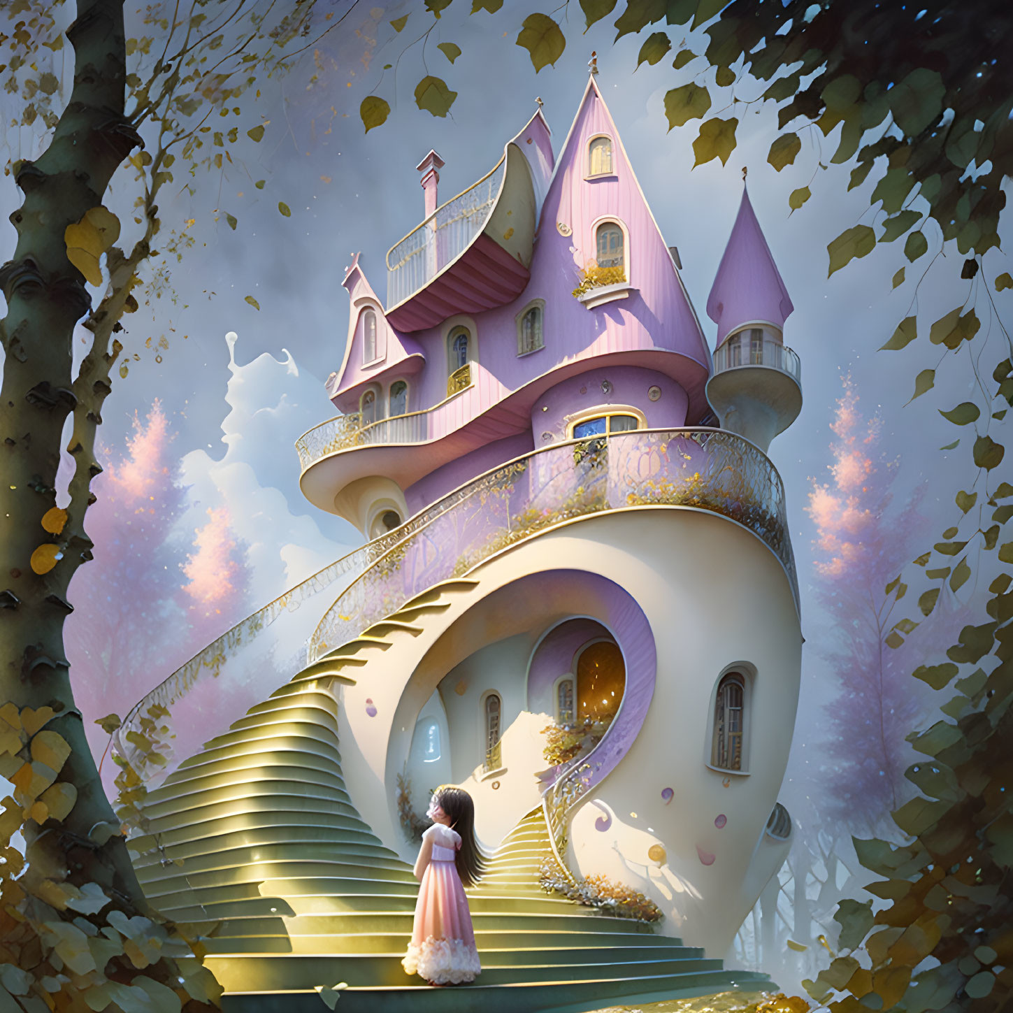 Illustration of girl in purple dress at fairy-tale pink castle