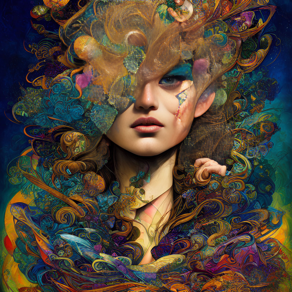 Colorful digital artwork: Woman with swirling patterns