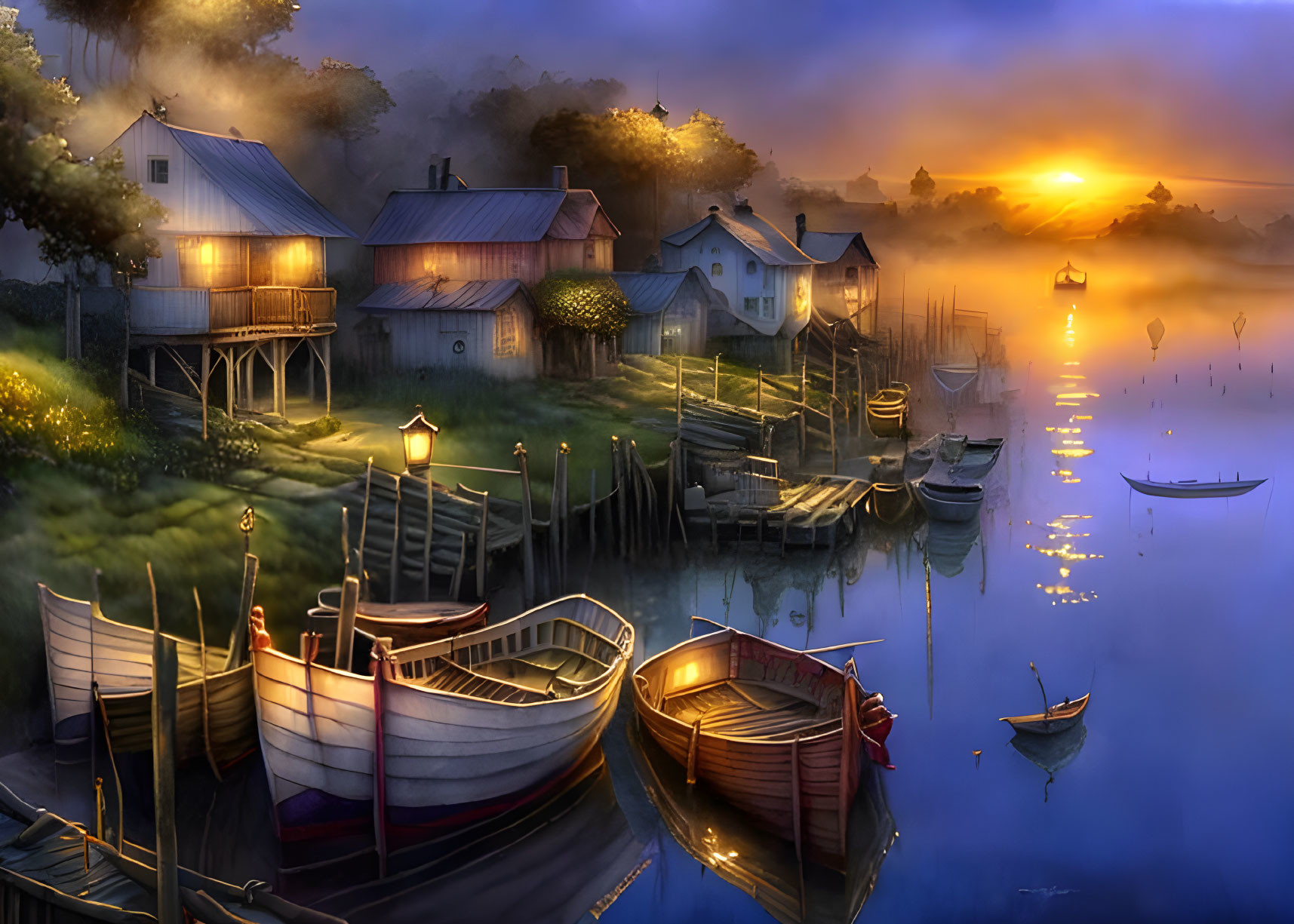 Serene lakeside sunrise with boats, mist, and cozy houses