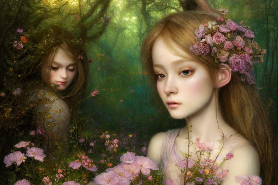 Whimsical portrait of two girls in floral crowns in a flower-filled forest