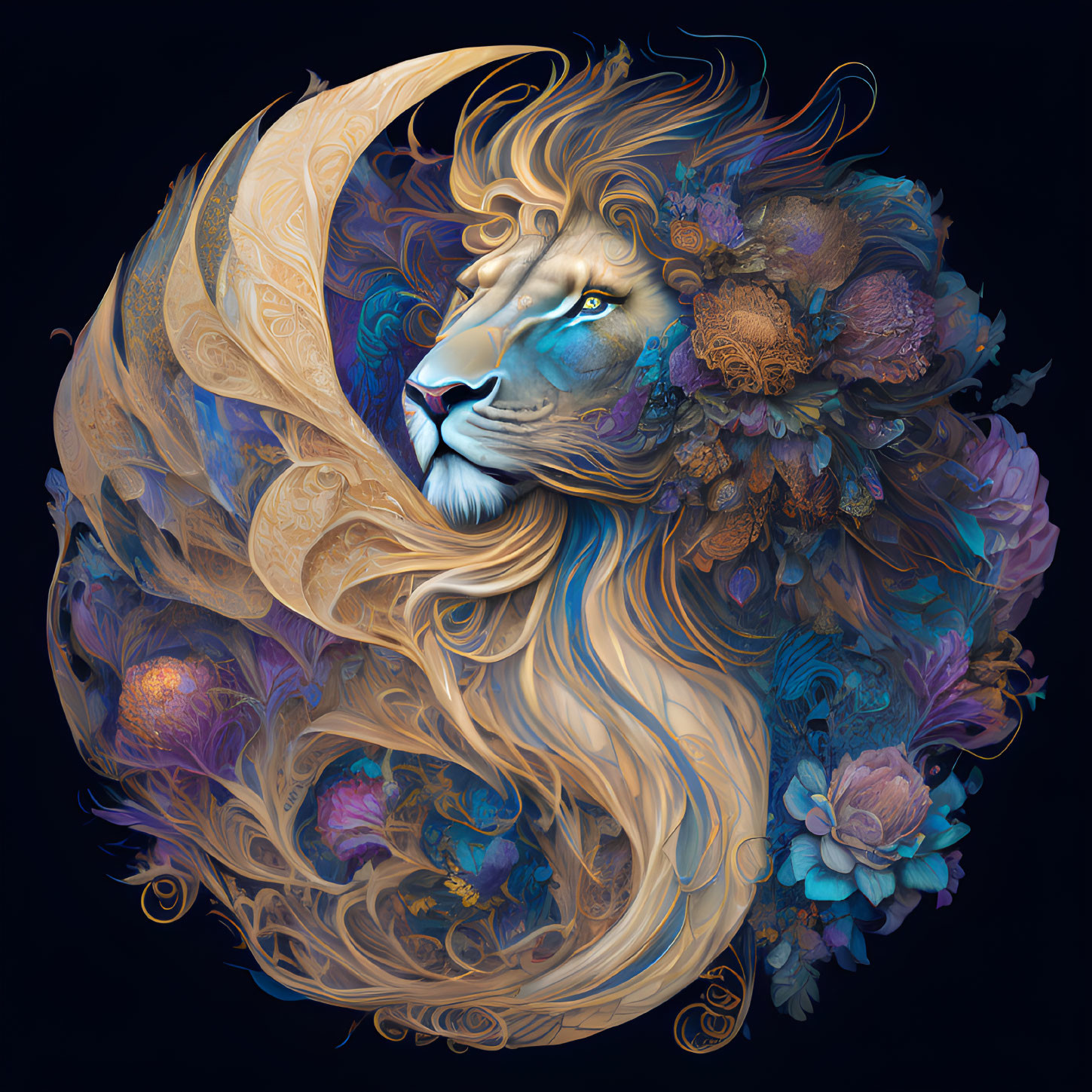 Majestic lion digital art with ornate floral patterns