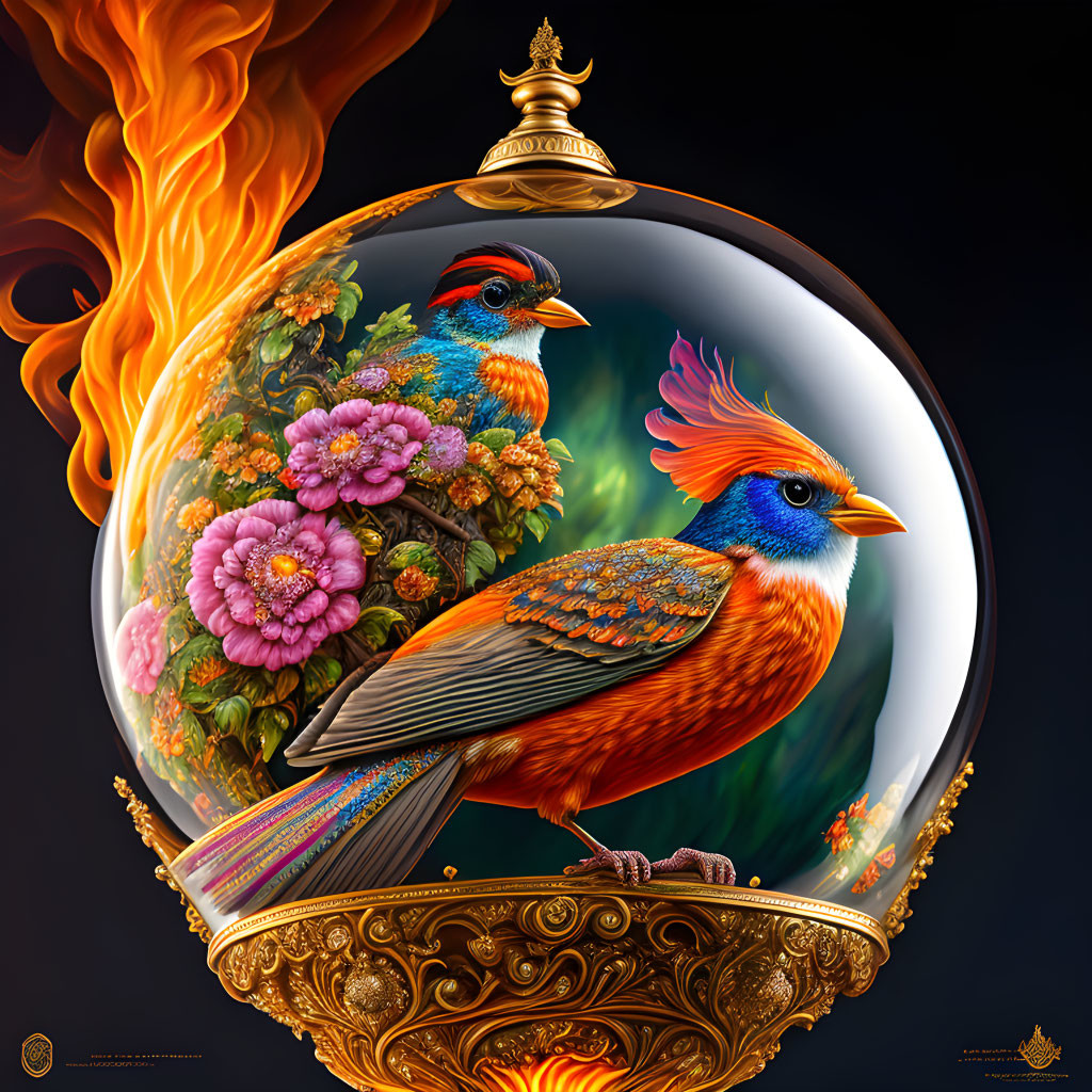 Colorful Birds on Ornate Frame with Flowers and Flames Background