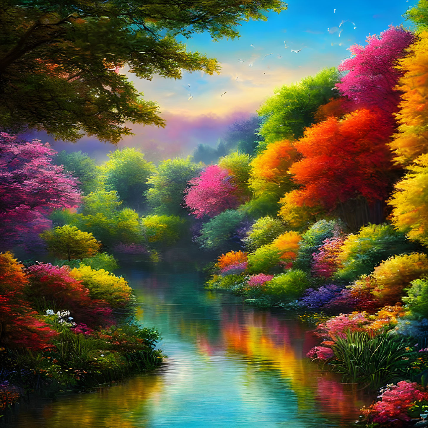 Colorful Forest and Serene River Reflecting Twilight Sky