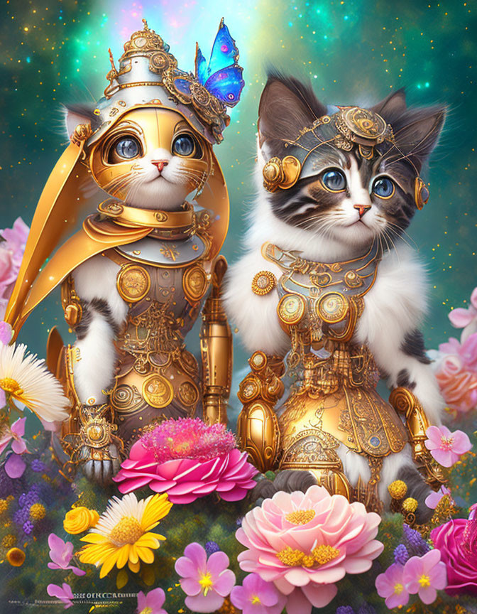 Steampunk-styled cats with brass gears and floral backdrop