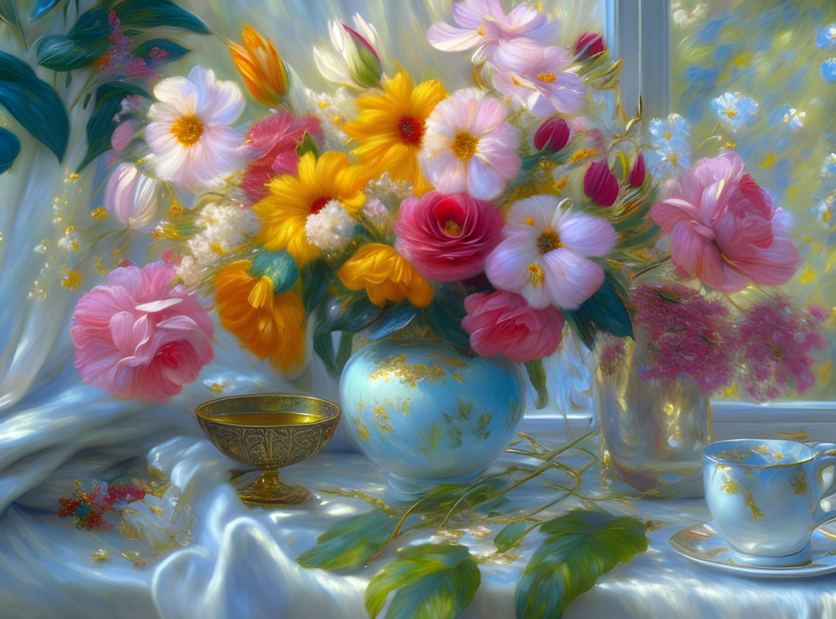 Colorful Still Life Painting of Flowers in Blue Vase with Brass Bowl and Porcelain Cup on Fabric