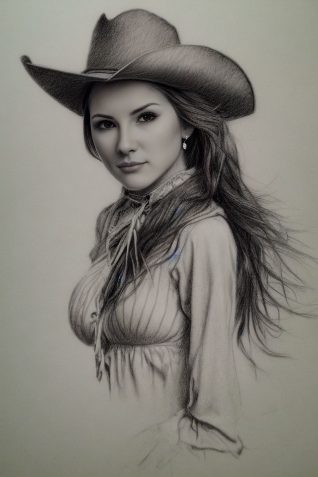 Woman in Cowboy Hat and Neckerchief Pencil Drawing