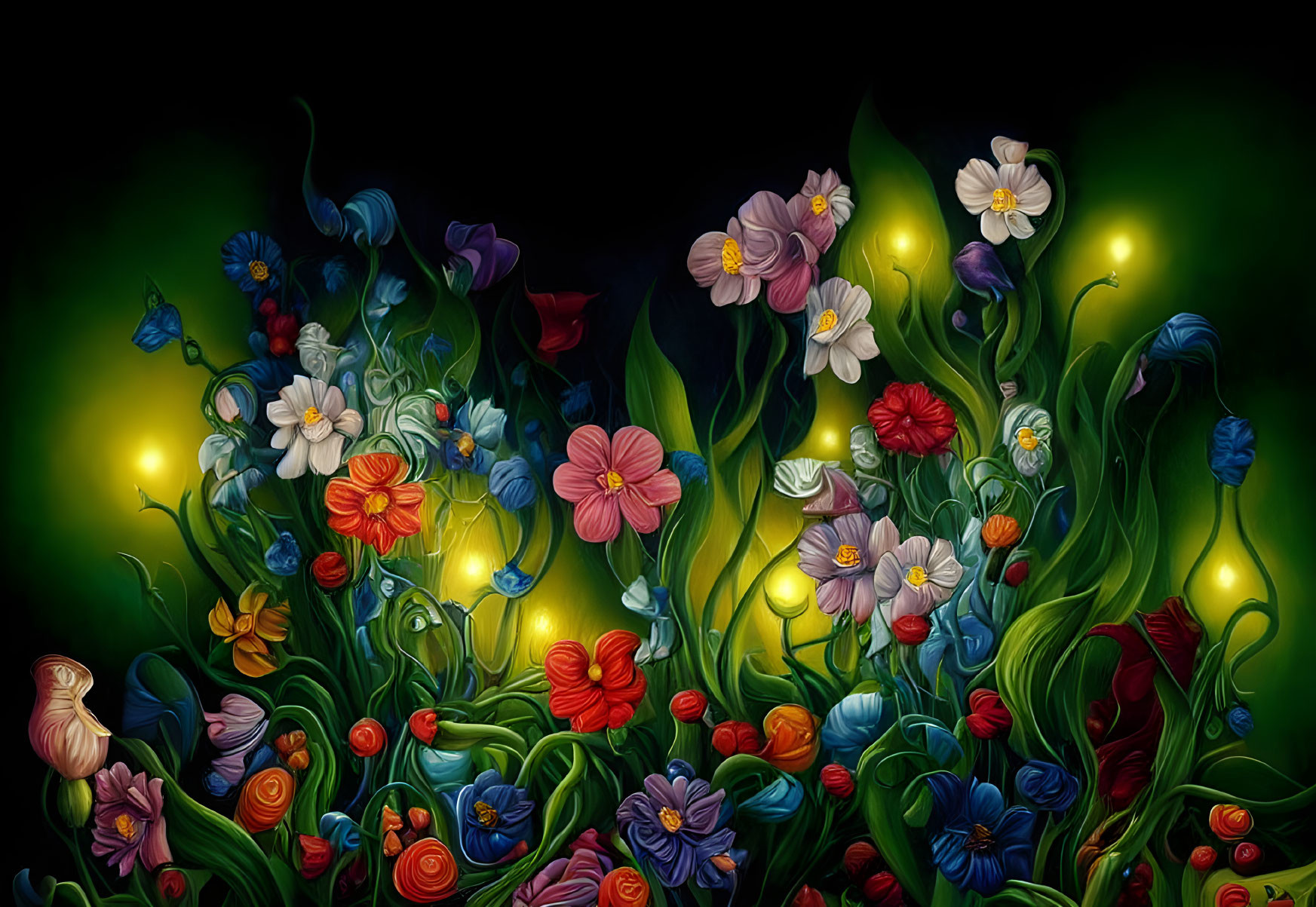 Colorful Luminescent Flowers on Dark Background with Glowing Lights