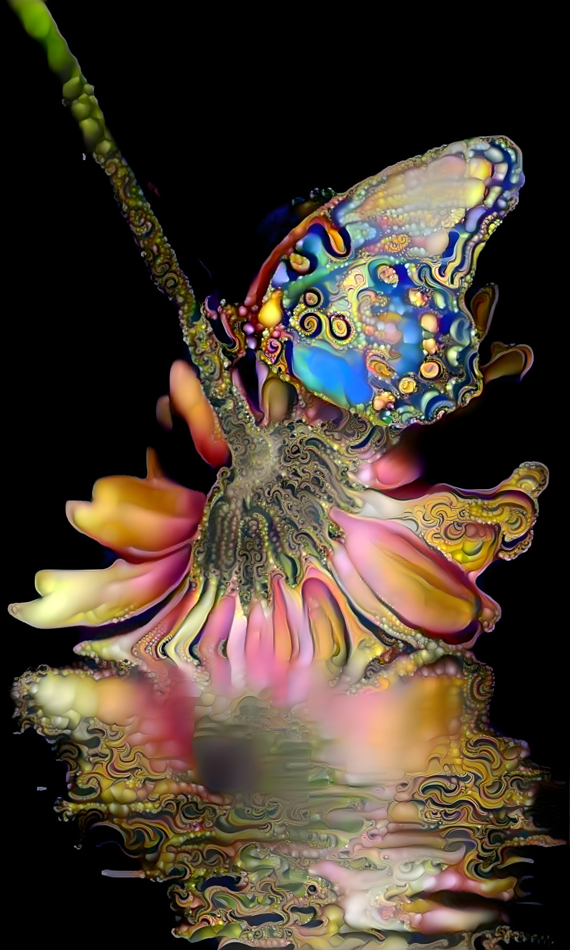 Water Reflection Of Flower And Butterfly