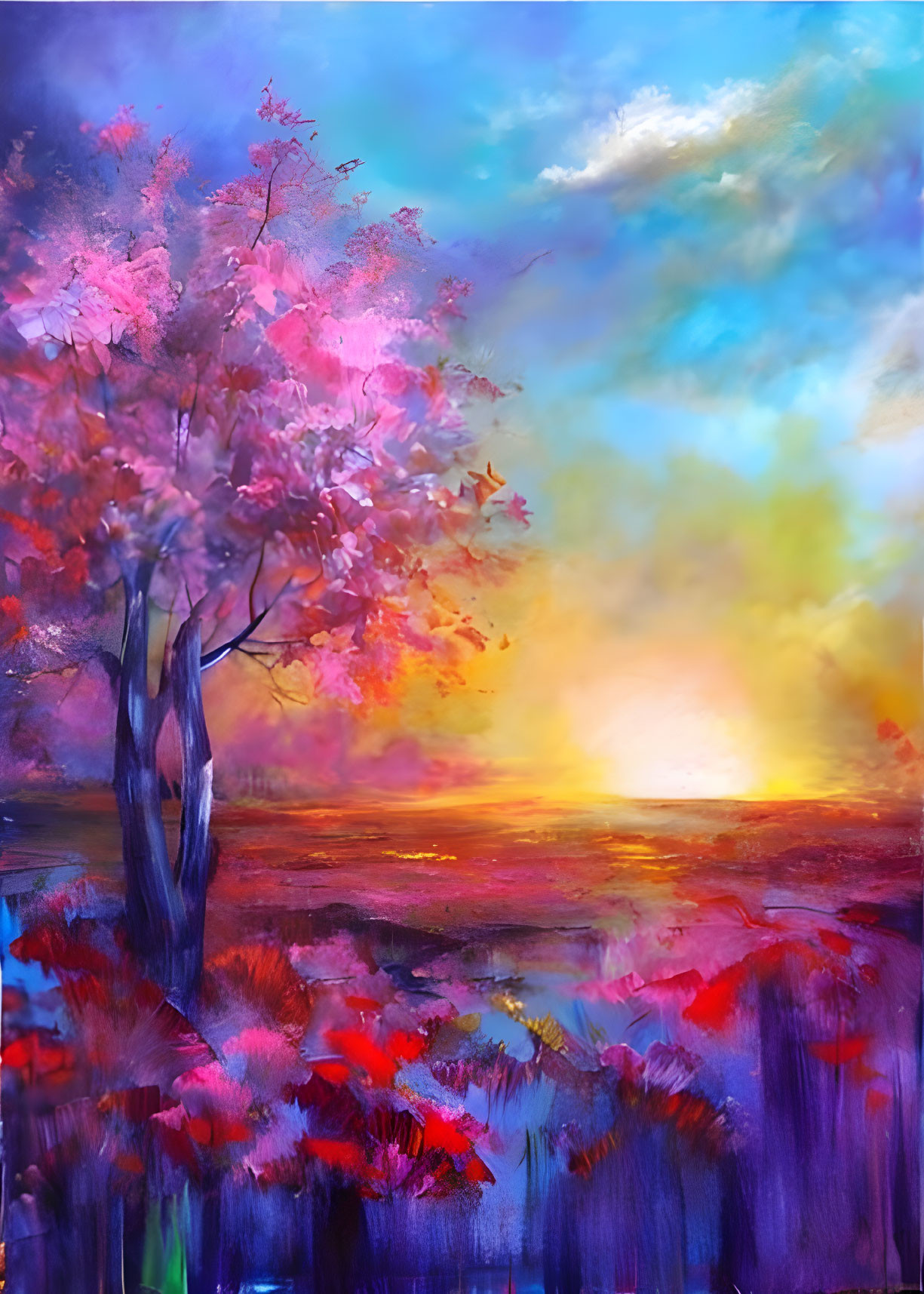 Colorful Sunset Painting: Pink Tree & Reflective Water