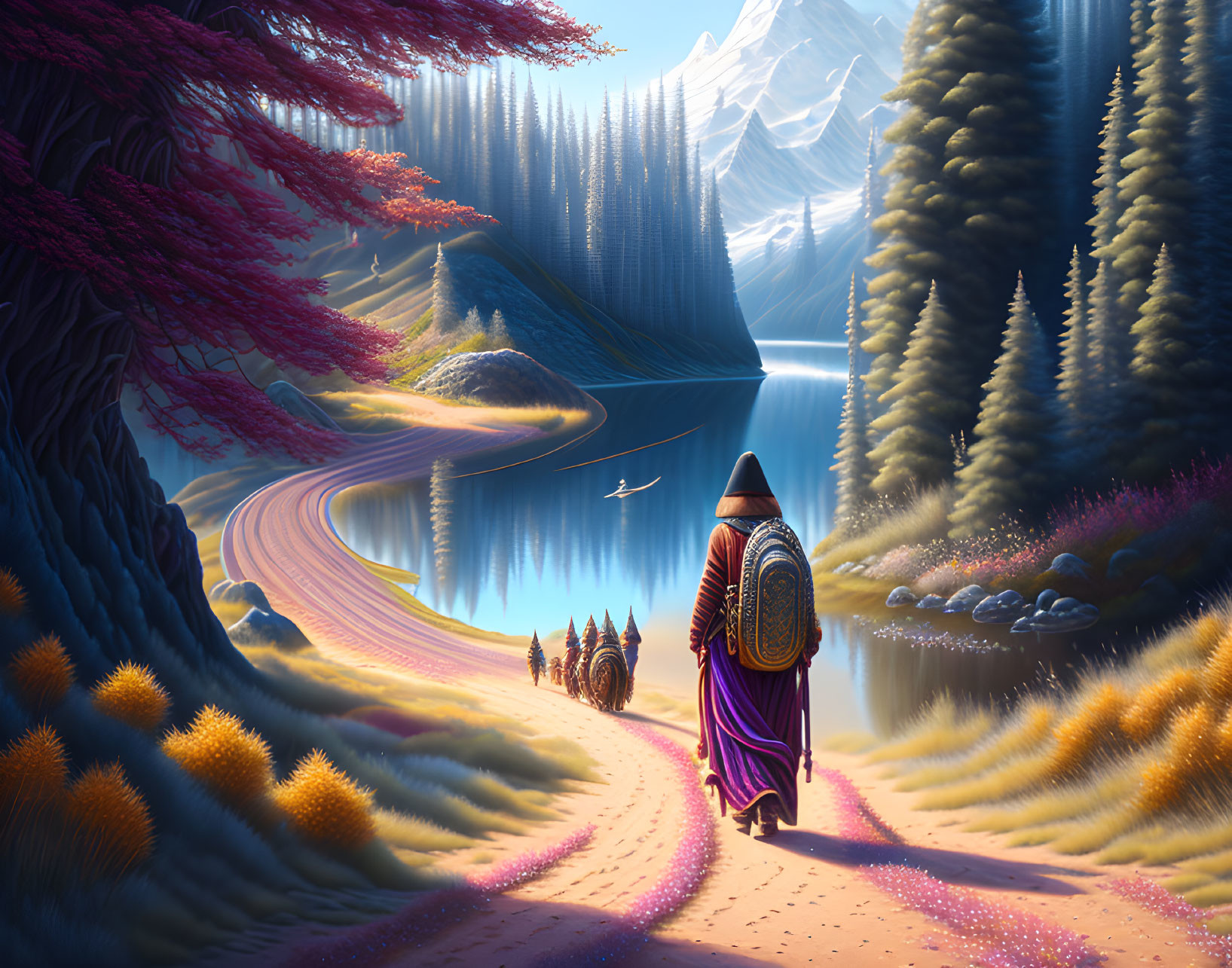 Cloaked figure walking by tranquil lake, colorful trees, mountains, and caravan under serene sky