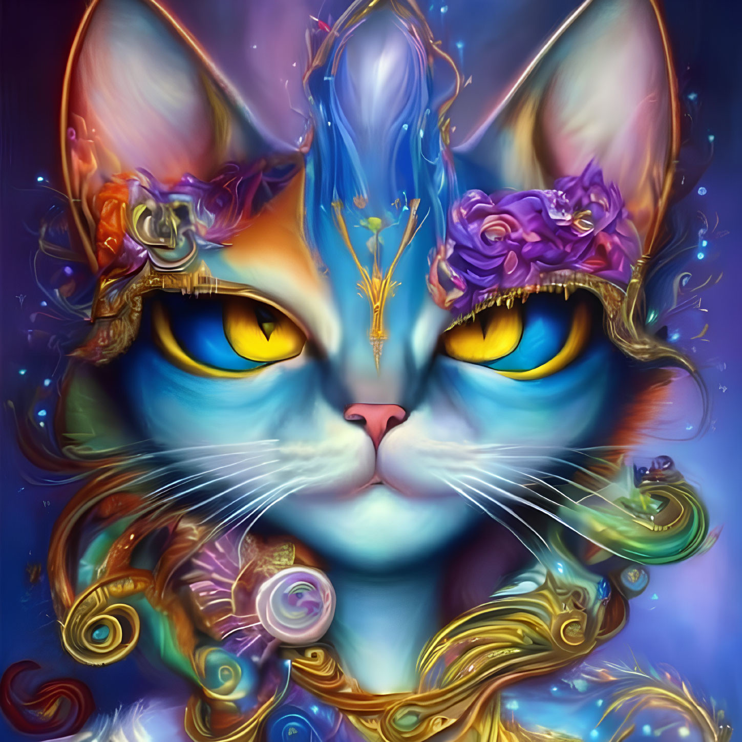 Colorful digital artwork featuring a blue fur cat with golden eyes and floral accessories