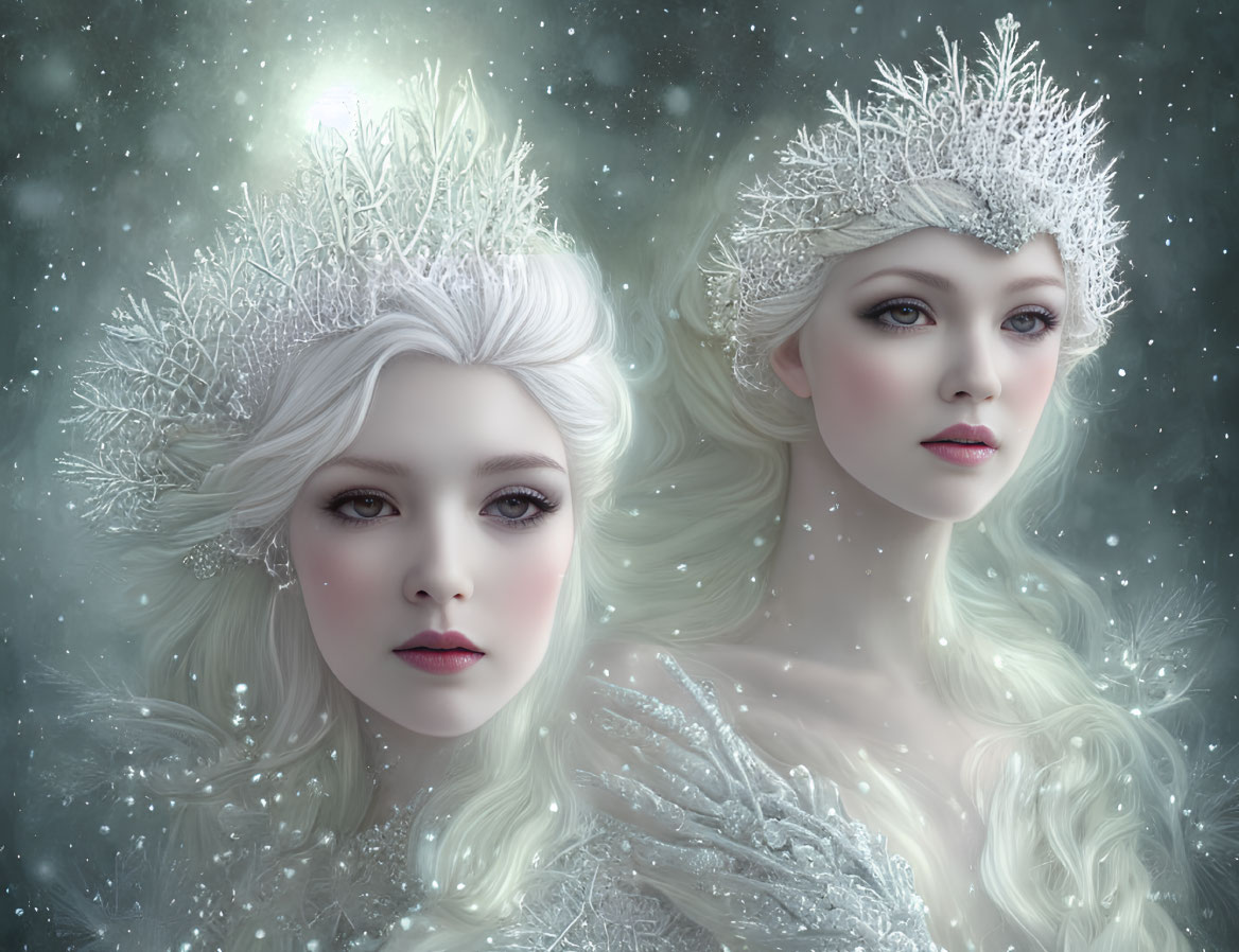 Ethereal women with frost crowns in snowy scene
