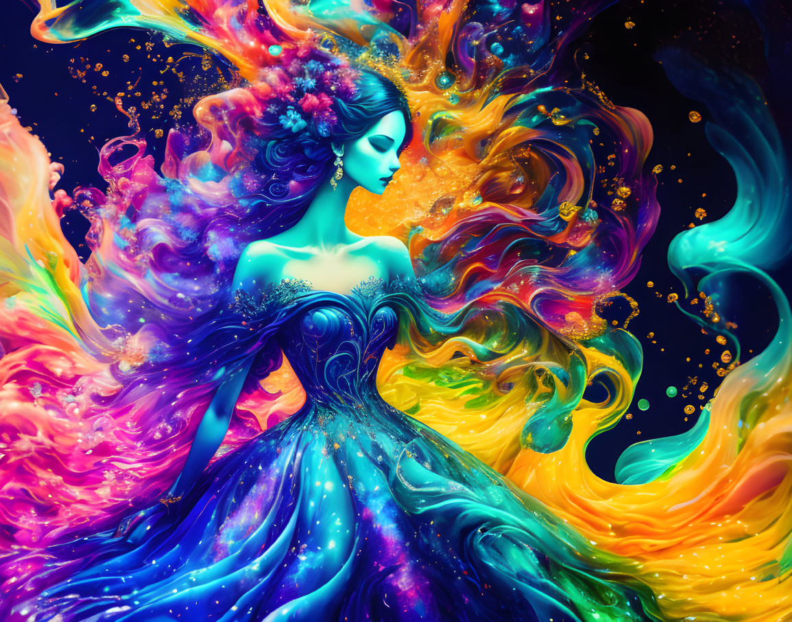 Colorful digital artwork: Woman in flowing dress with abstract paint swirls