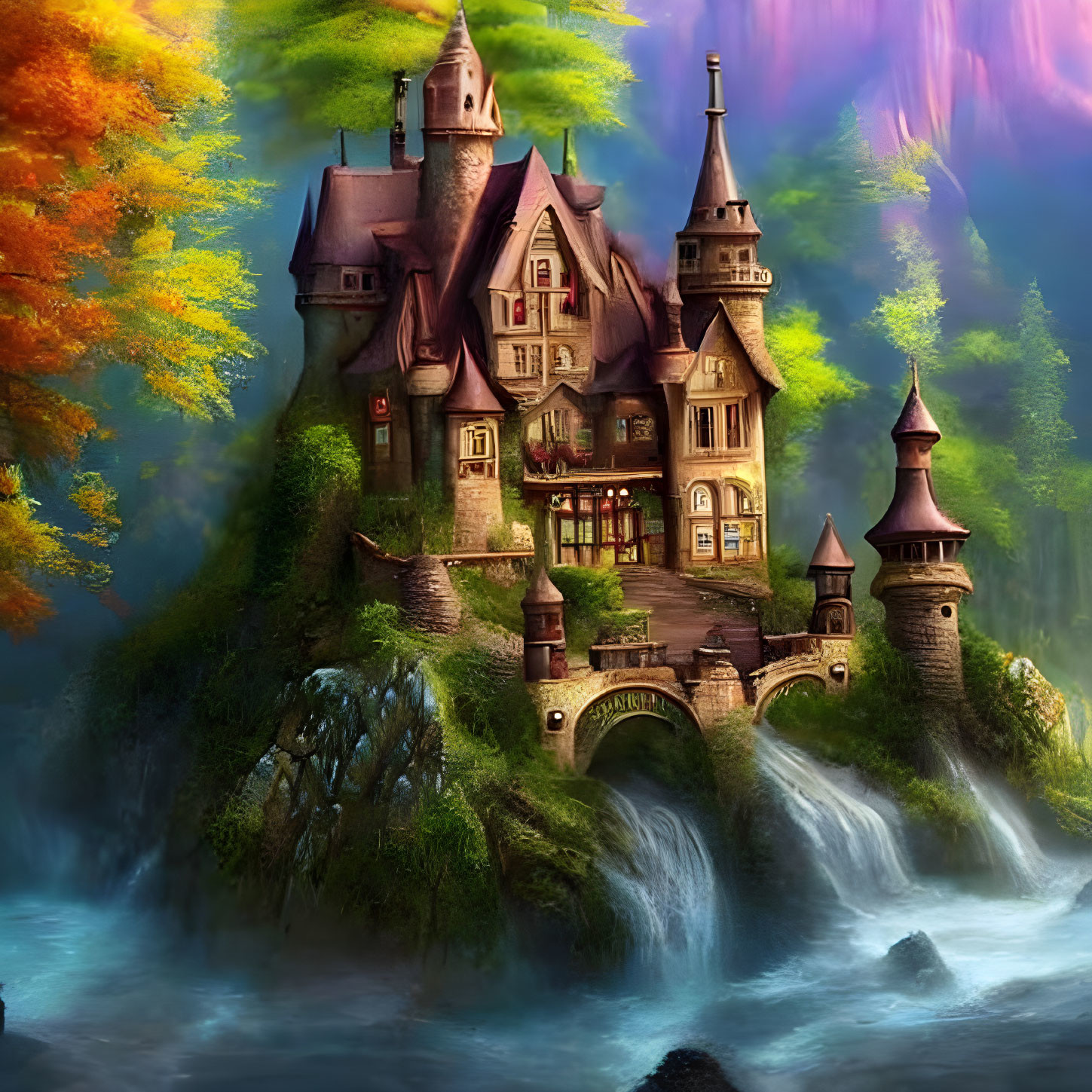 Fairytale castle on waterfall in autumn forest under twilight sky