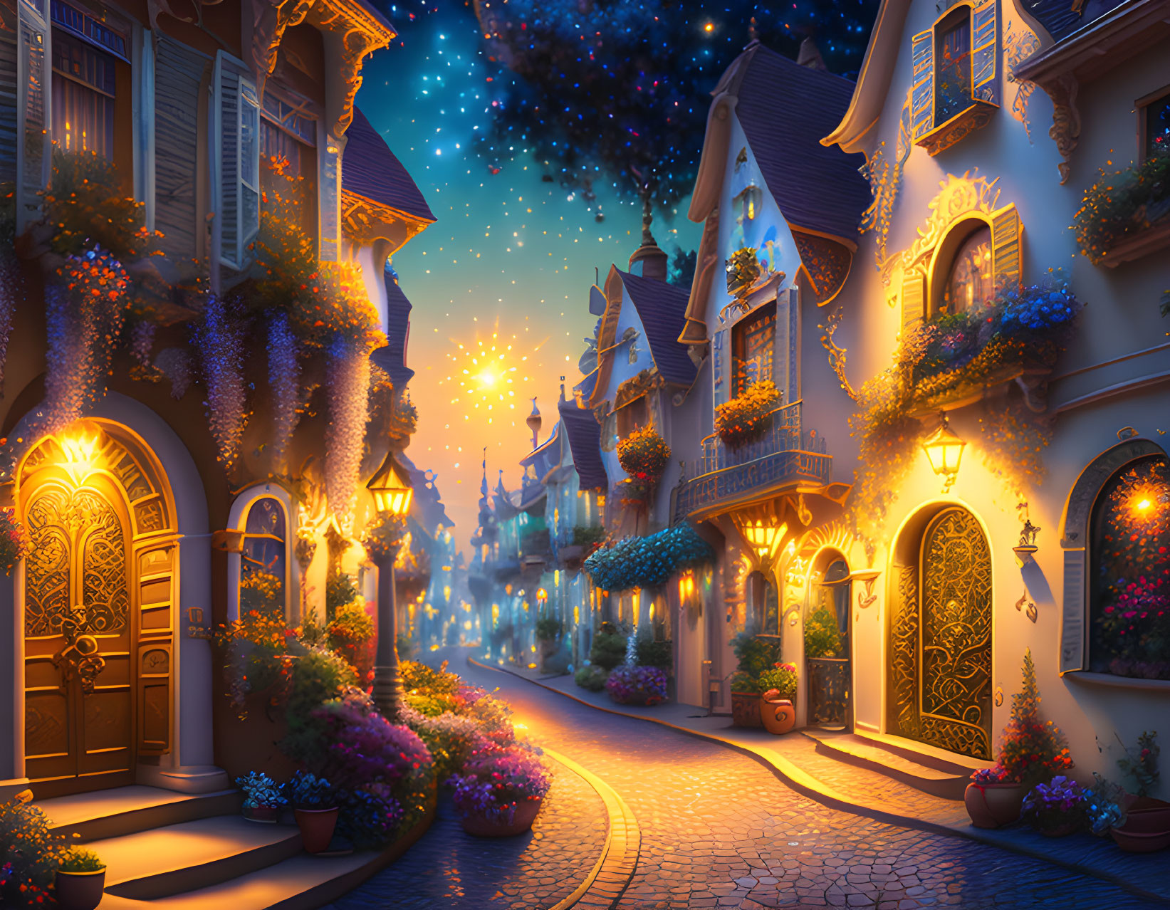 Cobblestone street with colorful houses under starry sky