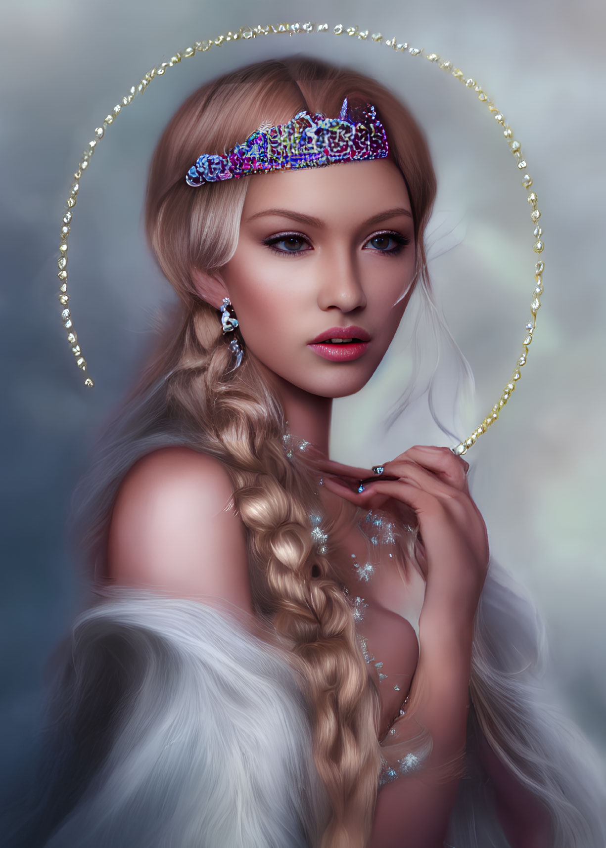 Digital portrait of a woman with braided hairstyle, sparkling headband, and white fur-like garment on