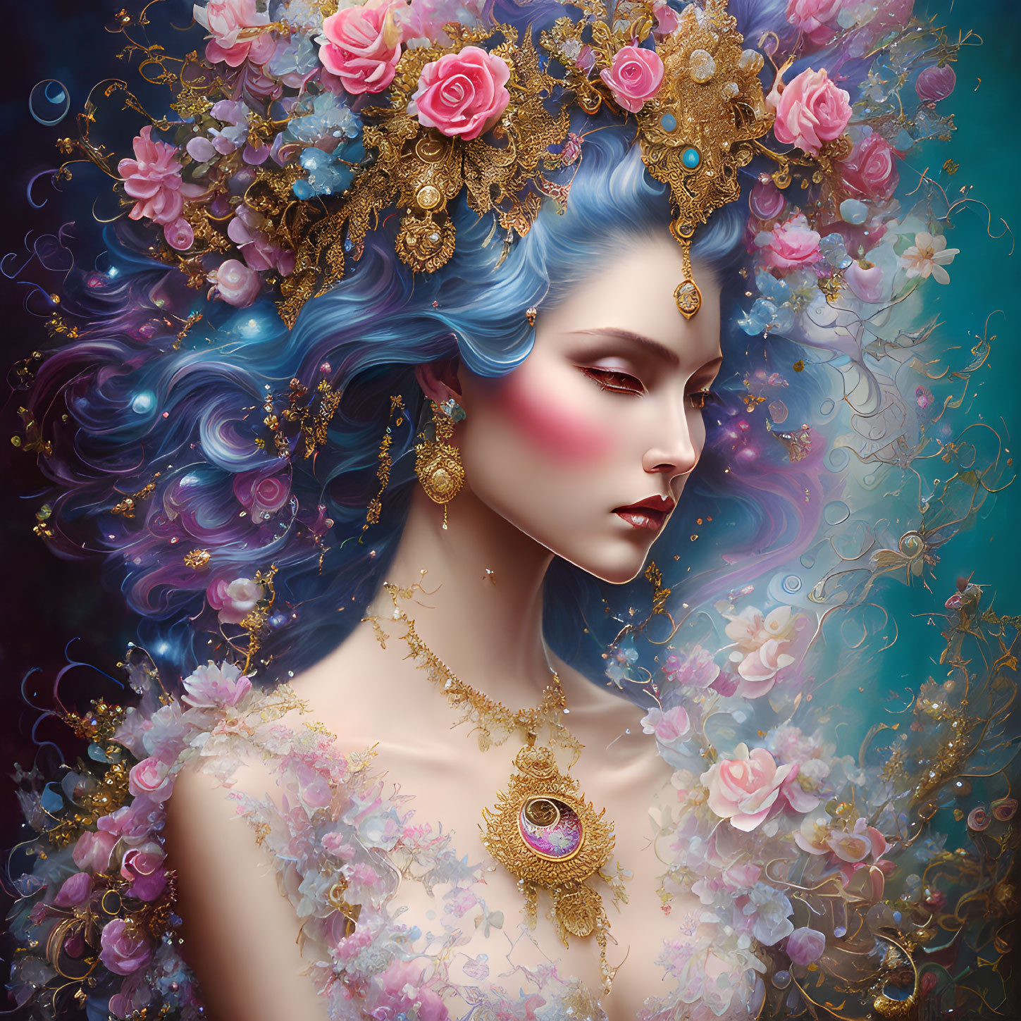 Digital artwork: Woman with blue wavy hair, gold & floral headpiece, rosy cheeks,