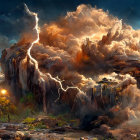 Dramatic landscape with towering rock formation and lightning strikes
