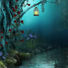 Moonlit castle by tranquil lake with glowing water lilies under dramatic night sky