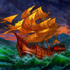 Illustration of grand sailing ship with orange sails in stormy sea.