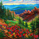 Colorful Landscape Painting: Rolling Hills, Wildflowers, Mountains