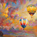 Vibrant hot air balloons in dreamlike sunset sky
