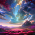 Colorful digital landscape with purple flora, majestic mountains, and swirling sky.