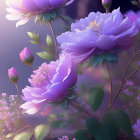 Vibrant purple and pink flowers on dark background with buds