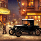 Vintage car and man tipping hat in old-fashioned street scene at dusk