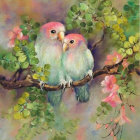 Colorful Birds Perched on Branch with Green Leaves and Pink Flowers