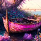Pink wooden boat with flowers in tranquil river at sunset