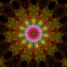 Symmetrical fractal flower in vibrant green, orange, and purple hues