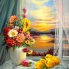 Colorful sunset painting with flowers in window view
