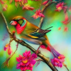 Vibrant bird with colorful plumage perched on branch among blooming flowers