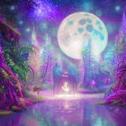 Enchanting forest landscape with glowing moon and purple sky