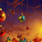 Vibrant Christmas baubles on whimsical tree branches
