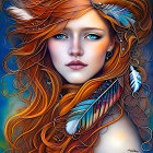 Vibrant Digital Art Portrait of Woman with Orange Hair and Feathers