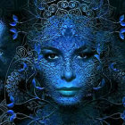 Digital artwork of woman's face with intricate metallic and floral elements in dark blue palette