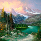 Scenic landscape painting: stone cottage, waterfall, pine forests, mountains at sunset