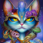 Colorful digital artwork featuring a blue fur cat with golden eyes and floral accessories