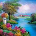 Impressionist-style painting of tranquil river landscape