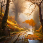 Tranquil Autumn Forest Scene with Cobblestone Path and Wooden Cart